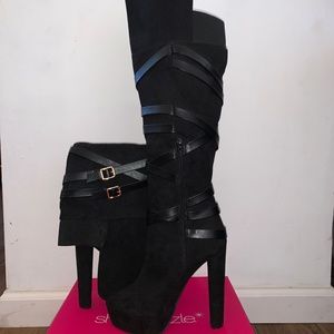 BRAND NEW! Oriella Heeled Boots - Black Suede - Black Straps with Gold Accents